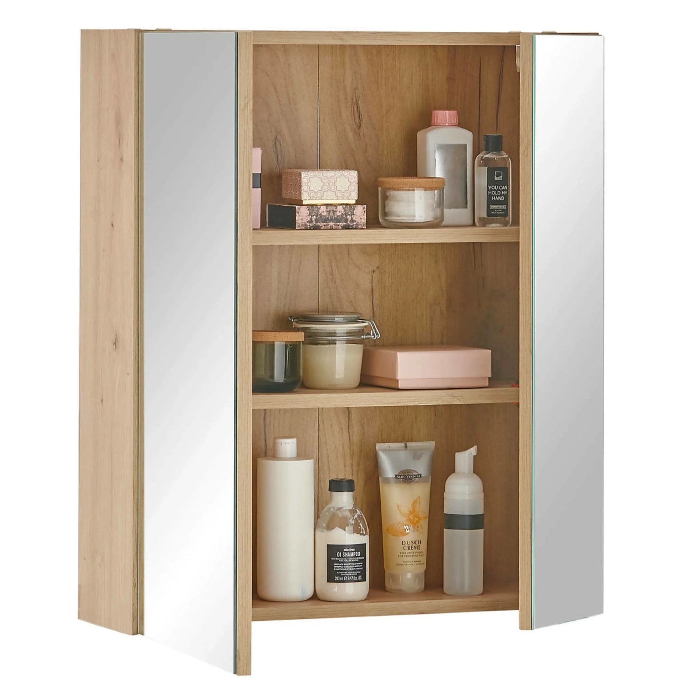Wooden bathroom cabinet with mirrors and shelves holding toiletries and storage jars