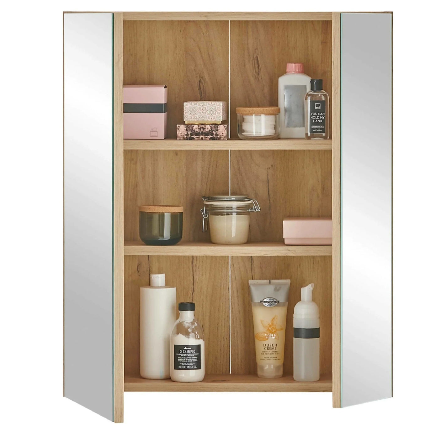 oak bathroom cabinet with mirrored doors and shelves holding toiletries and jars
