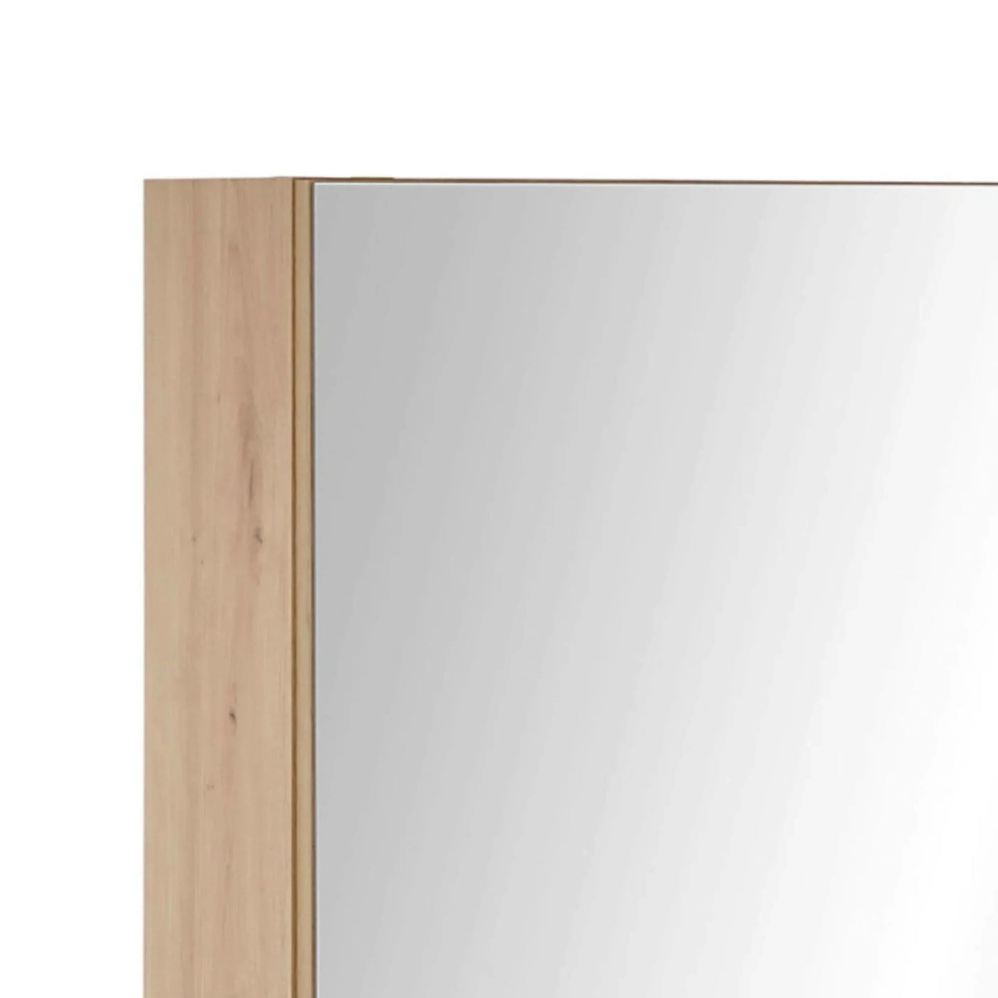 Closeup of wooden wardrobe corner with mirrored door and natural grain finish