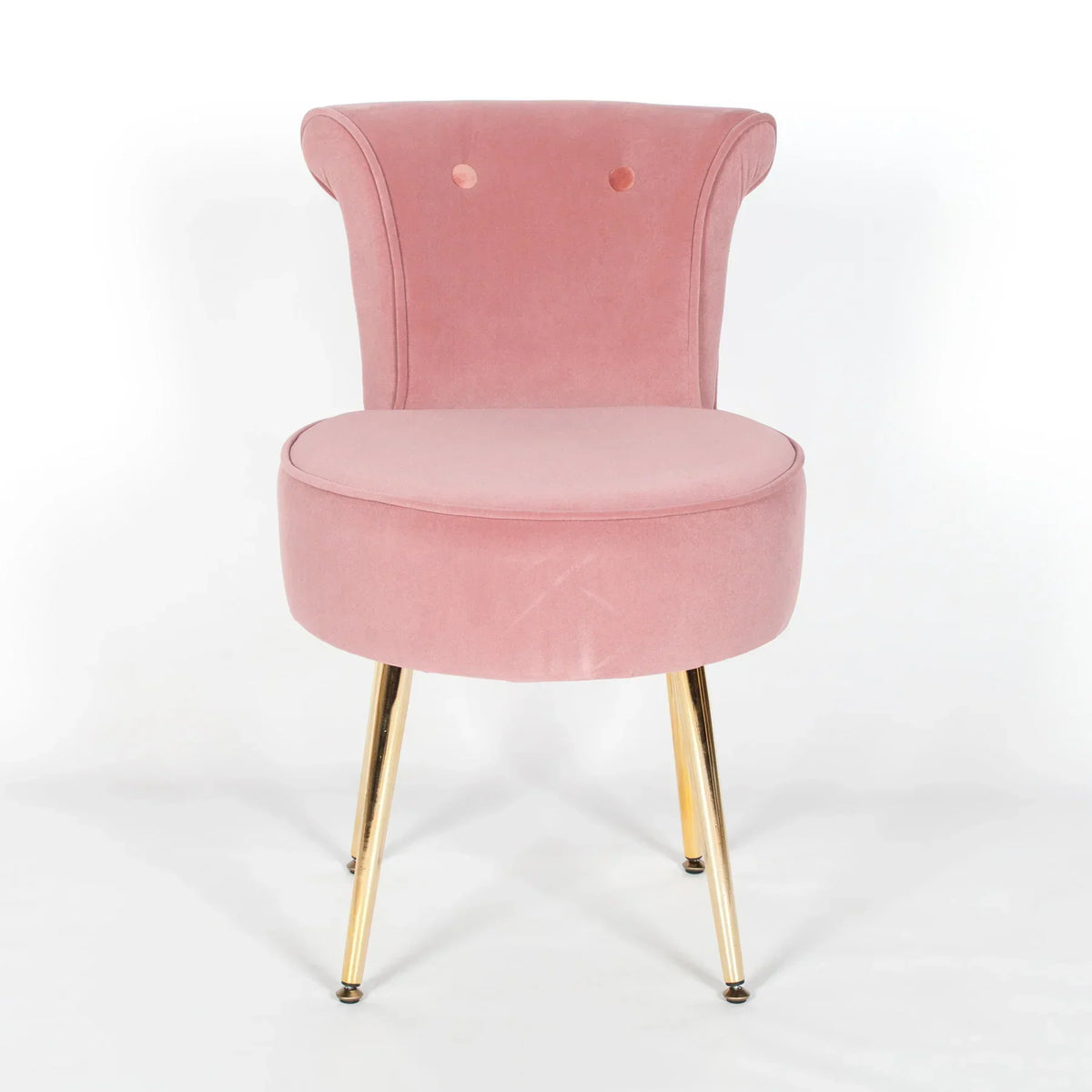 Pink velvet accent chair with curved backrest and gold metal legs, front view
