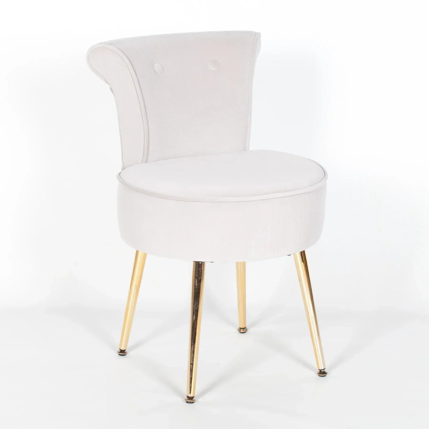 Cream accent chair with gold metal legs and curved backrest on white background