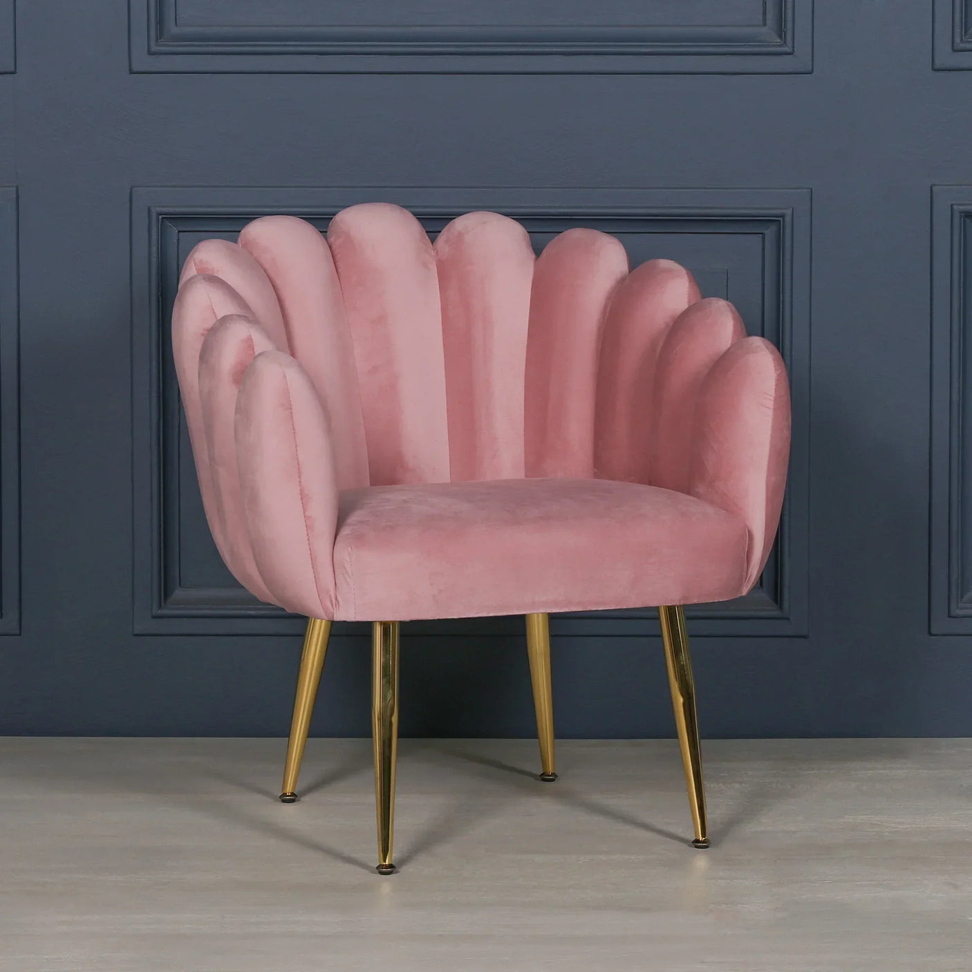 Pink velvet accent chair with scalloped back and gold legs against dark panel wall