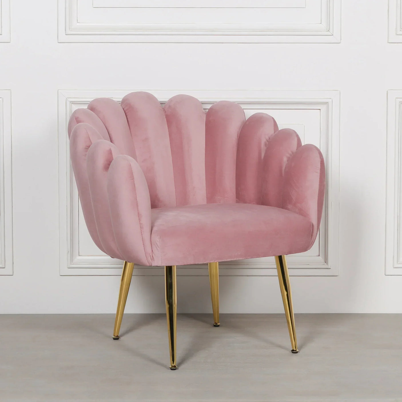 Pink velvet accent chair with scalloped backrest and gold metal legs