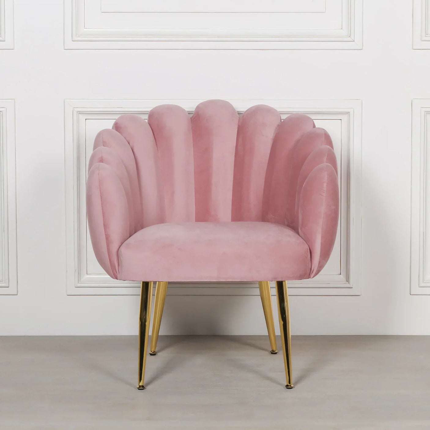 Pink velvet accent chair with scalloped backrest and gold metal legs against white wall