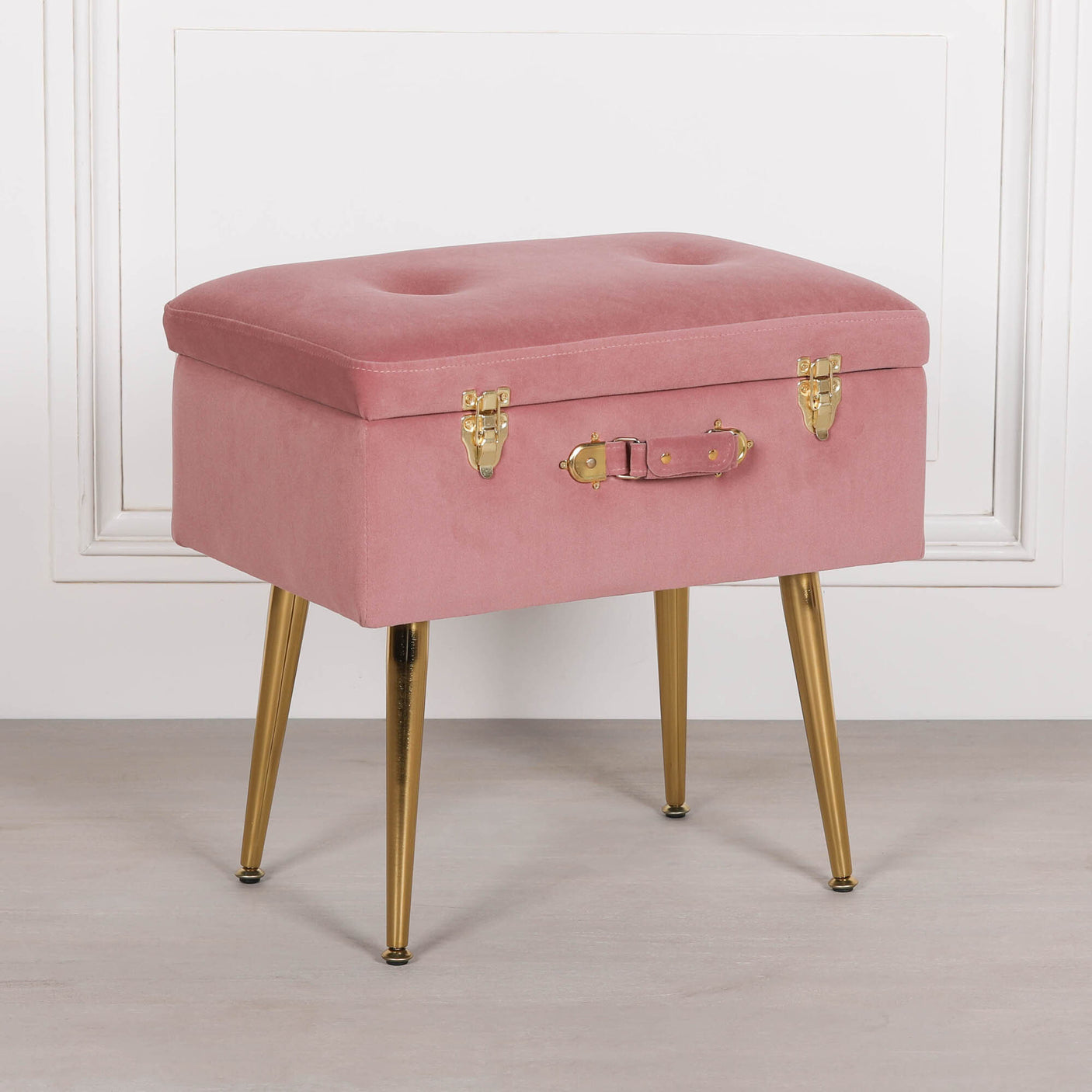 Pink Suitcase Stool with Gold Legs