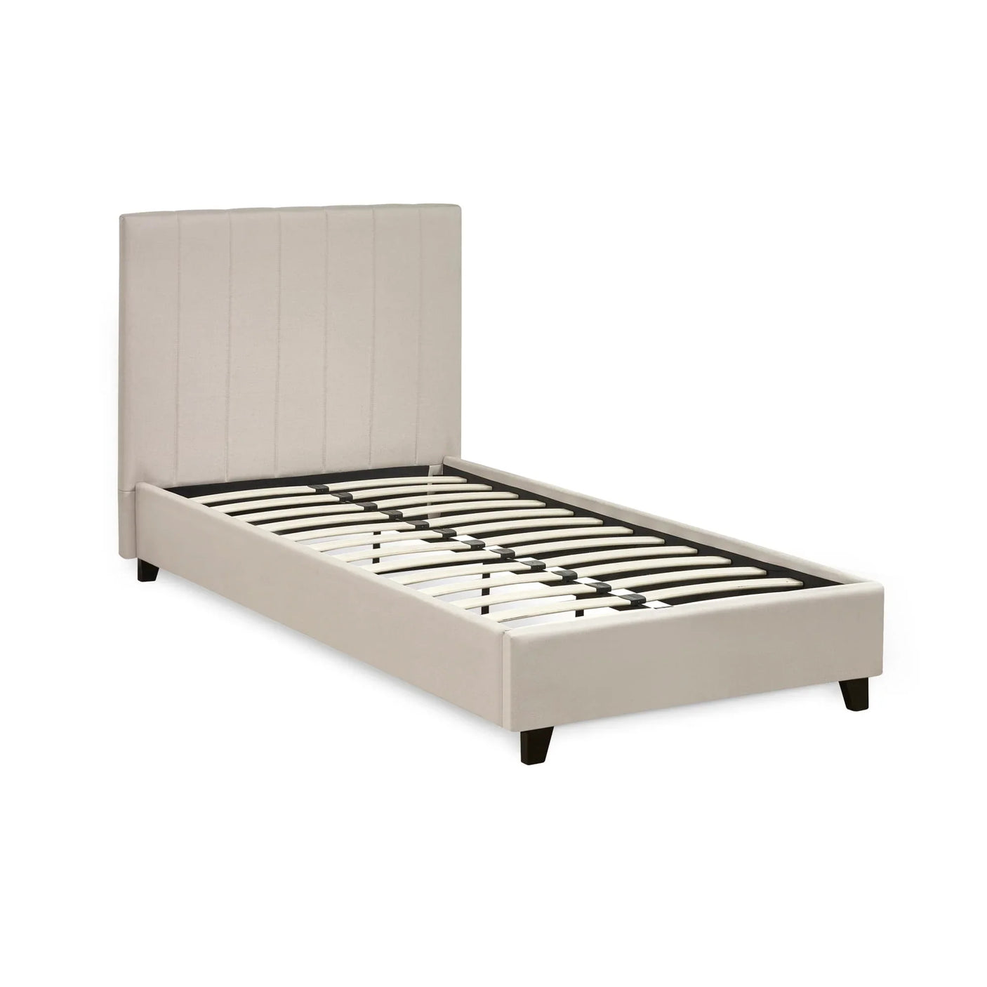Beige single bed frame with vertical stitched headboard and wooden slats, angled view