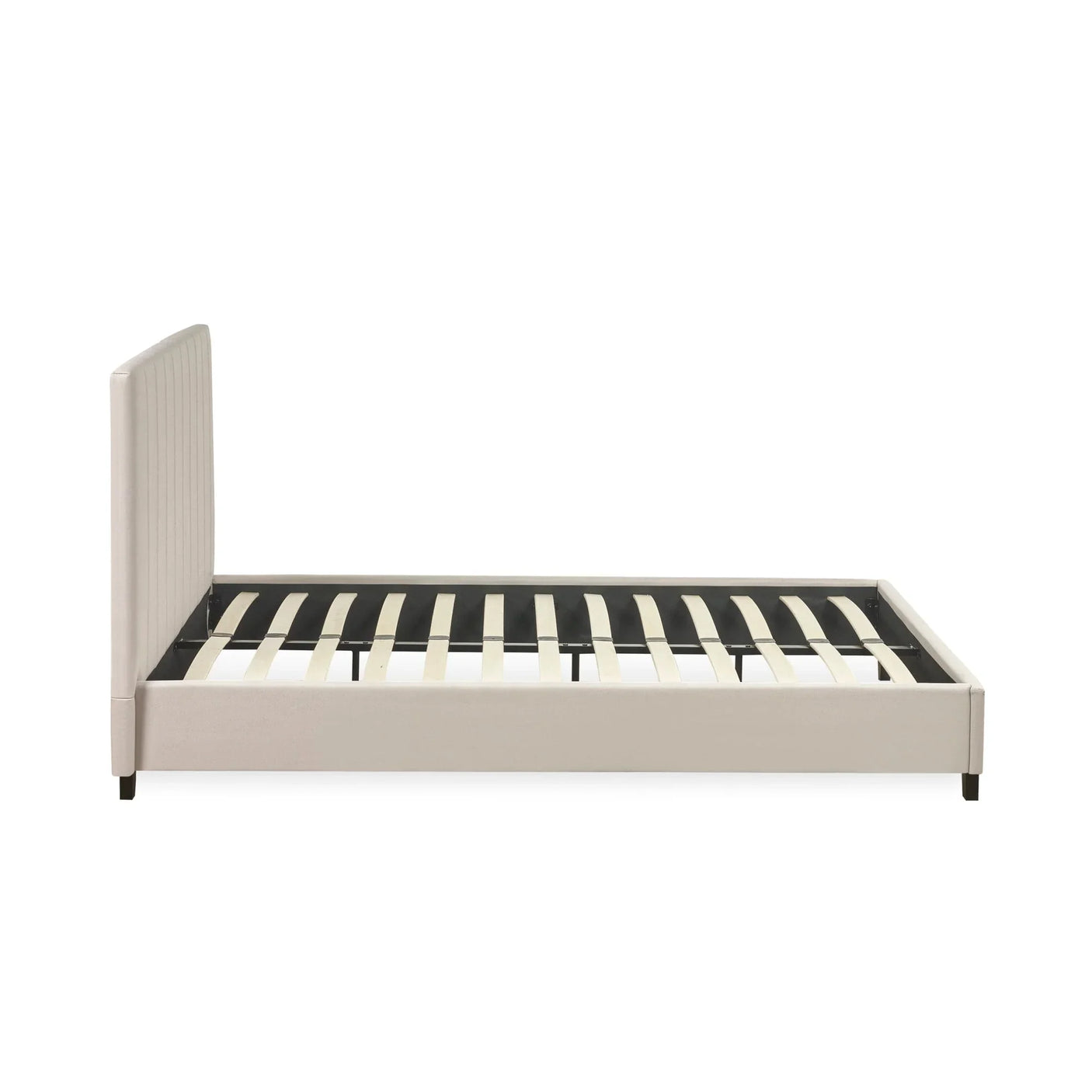 Beige upholstered bed frame with vertical stitched headboard and wooden slats, side view