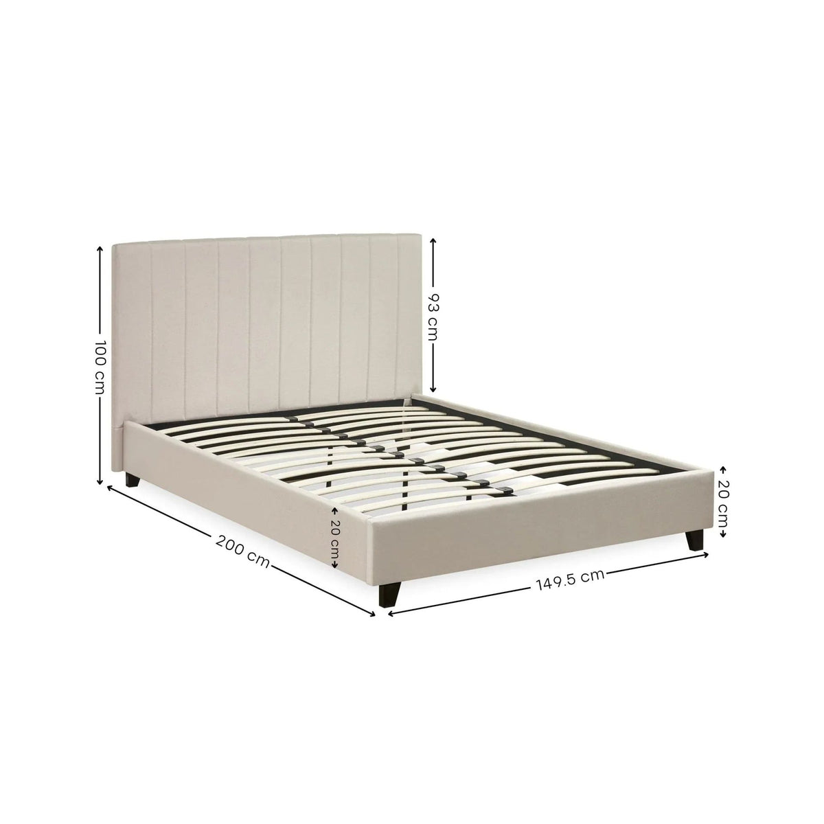 Beige upholstered bed frame with a panelled headboard, dimension diagram view
