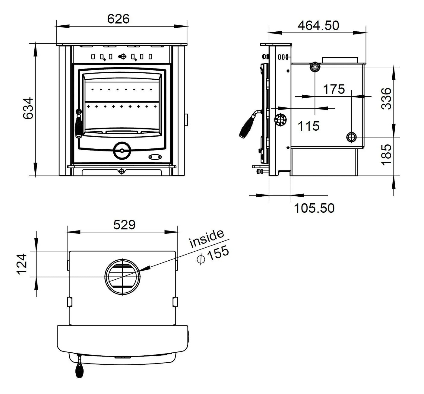 Achill 17.5 boiler stove technical drawing with front, side, and top dimensions labeled