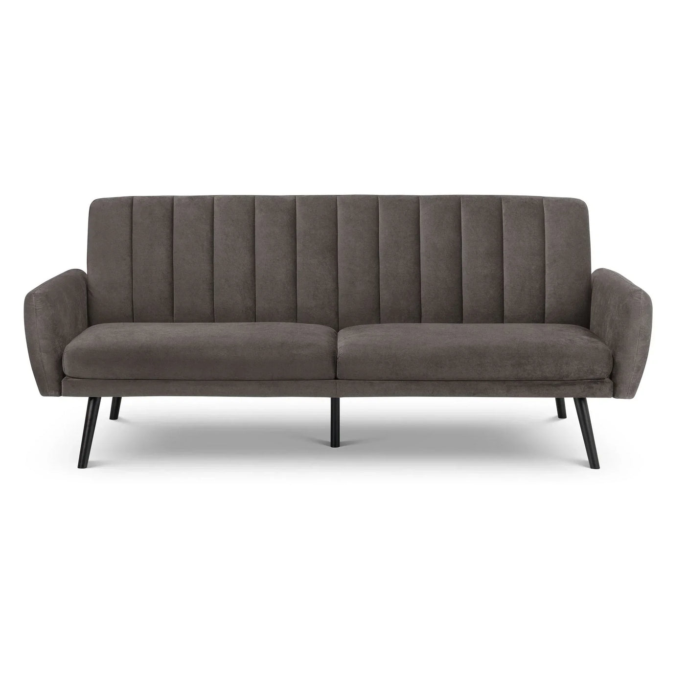 Grey sofabed with vertical stitched backrest and angled black metal legs, front view