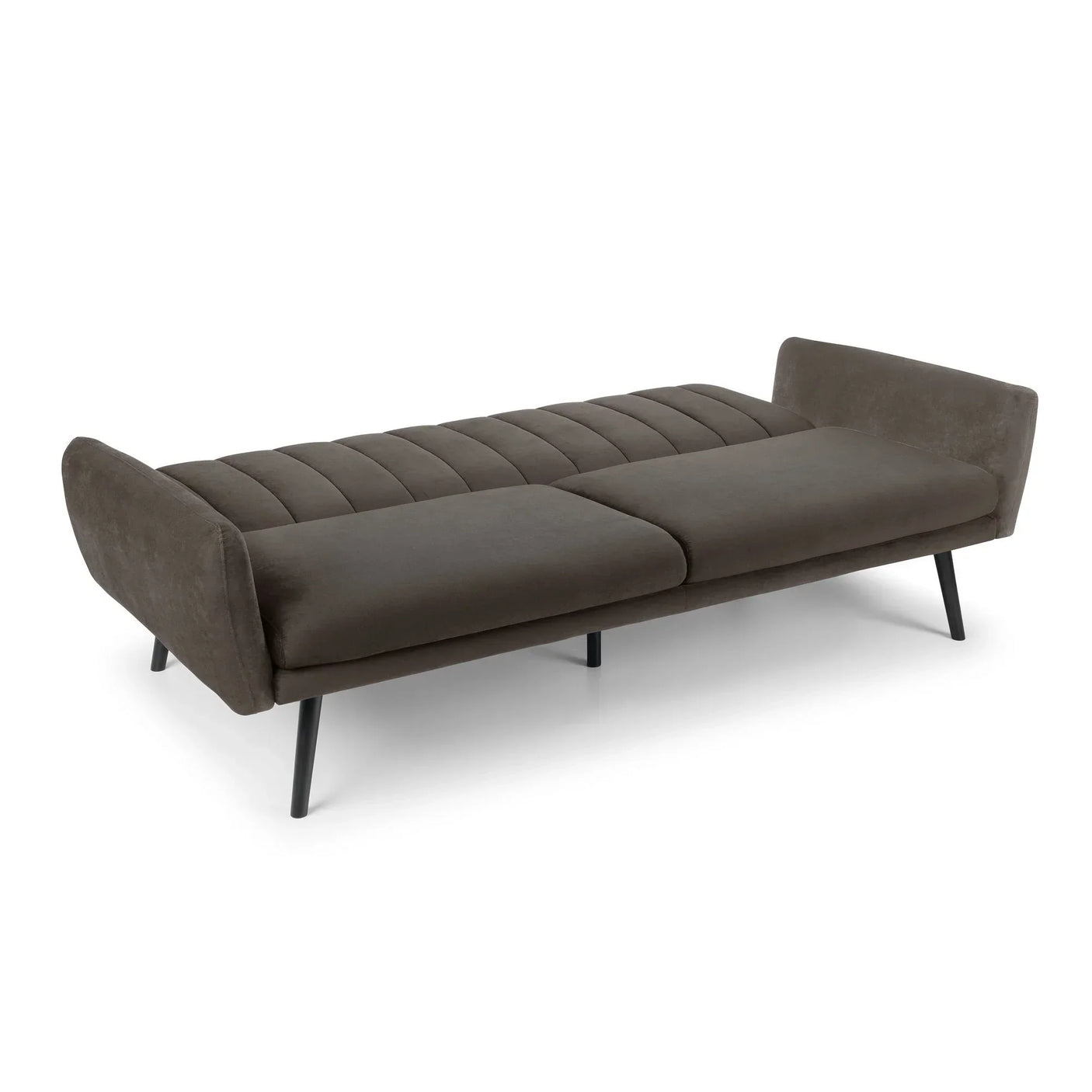 Grey sofabed fully extended with low arms and black angled legs on white background