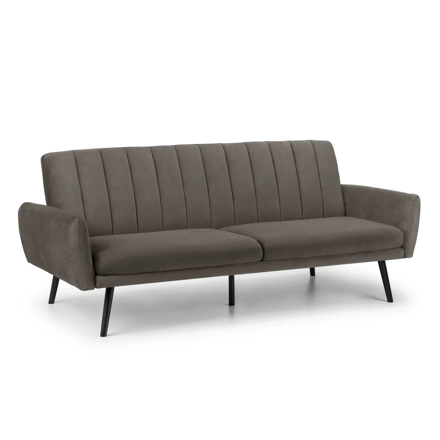 Grey sofabed with angled black legs and vertical stitched backrest on white background
