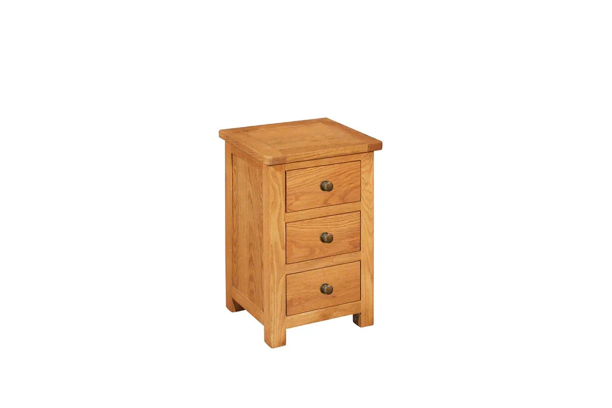 Oak bedside table with three drawers and metal handles, shown at a slight angle