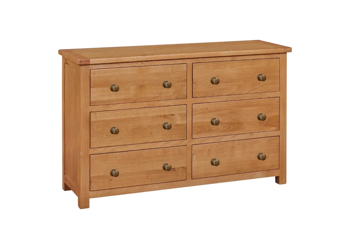 Oak wide chest of drawers with six drawers and round brass handles, front angle view