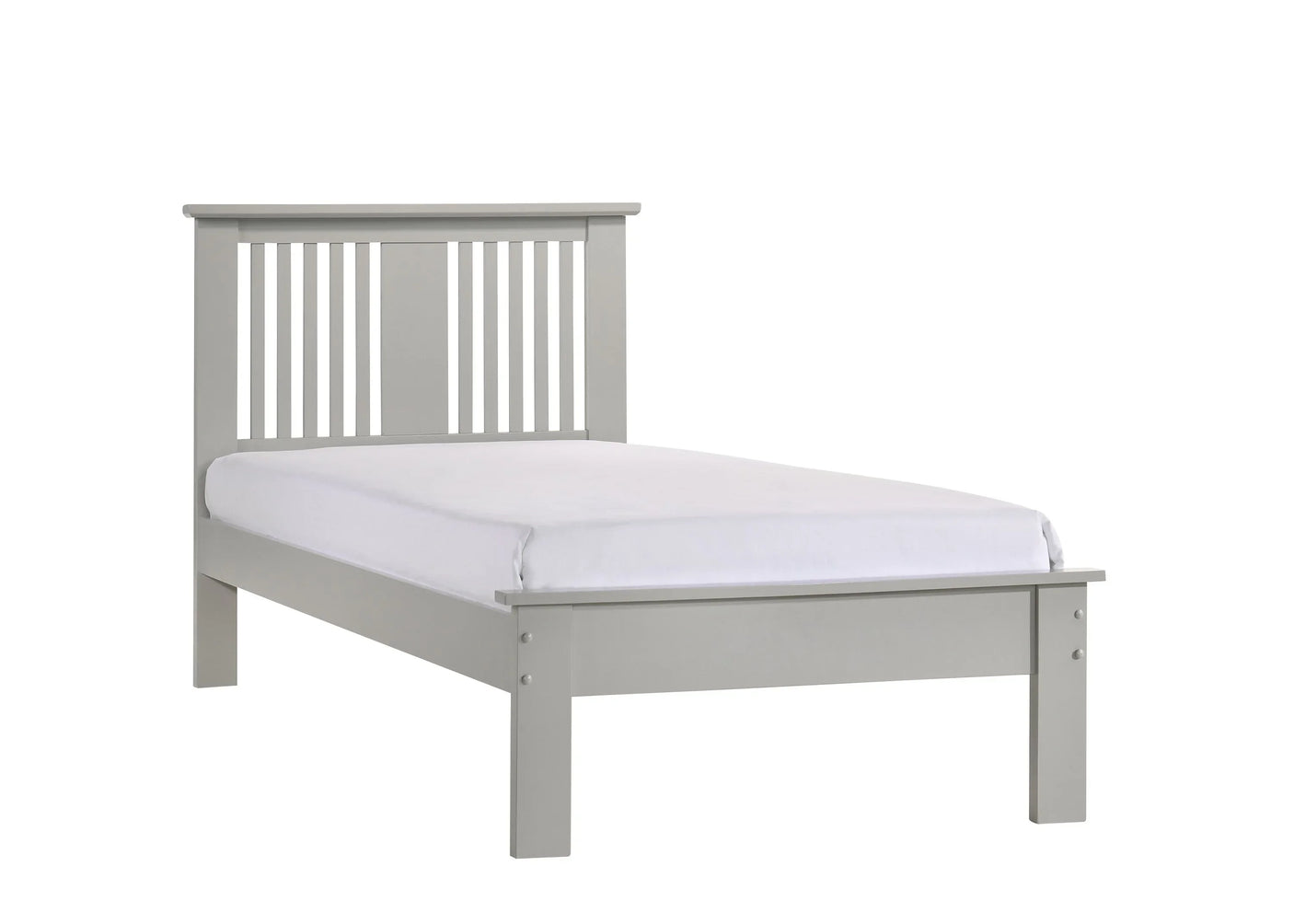 Grey wooden single bed frame with slatted headboard and white mattress