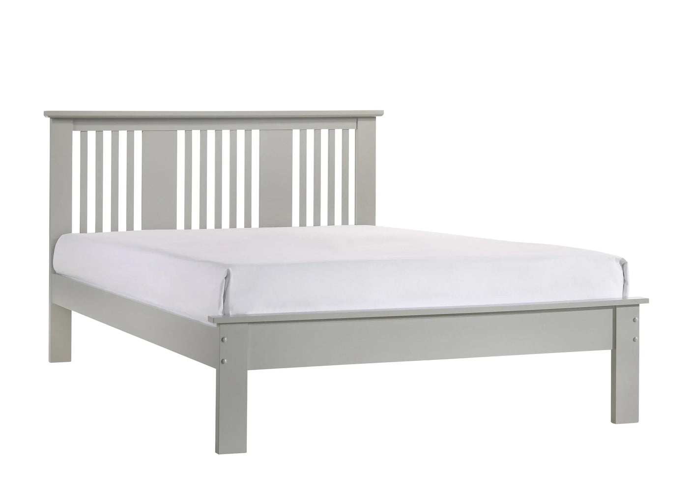 Grey wooden bed frame with vertical slat headboard and white mattress, front view