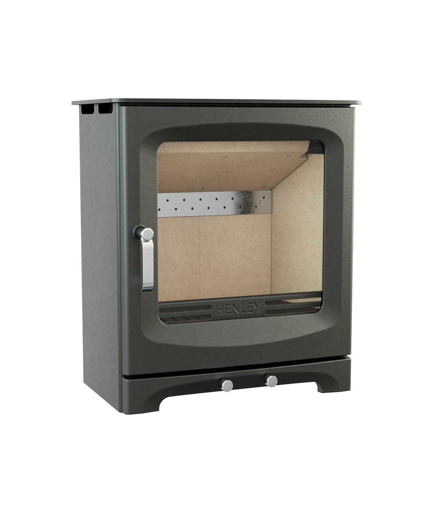 black freestanding wood burning stove with glass front and metal handle