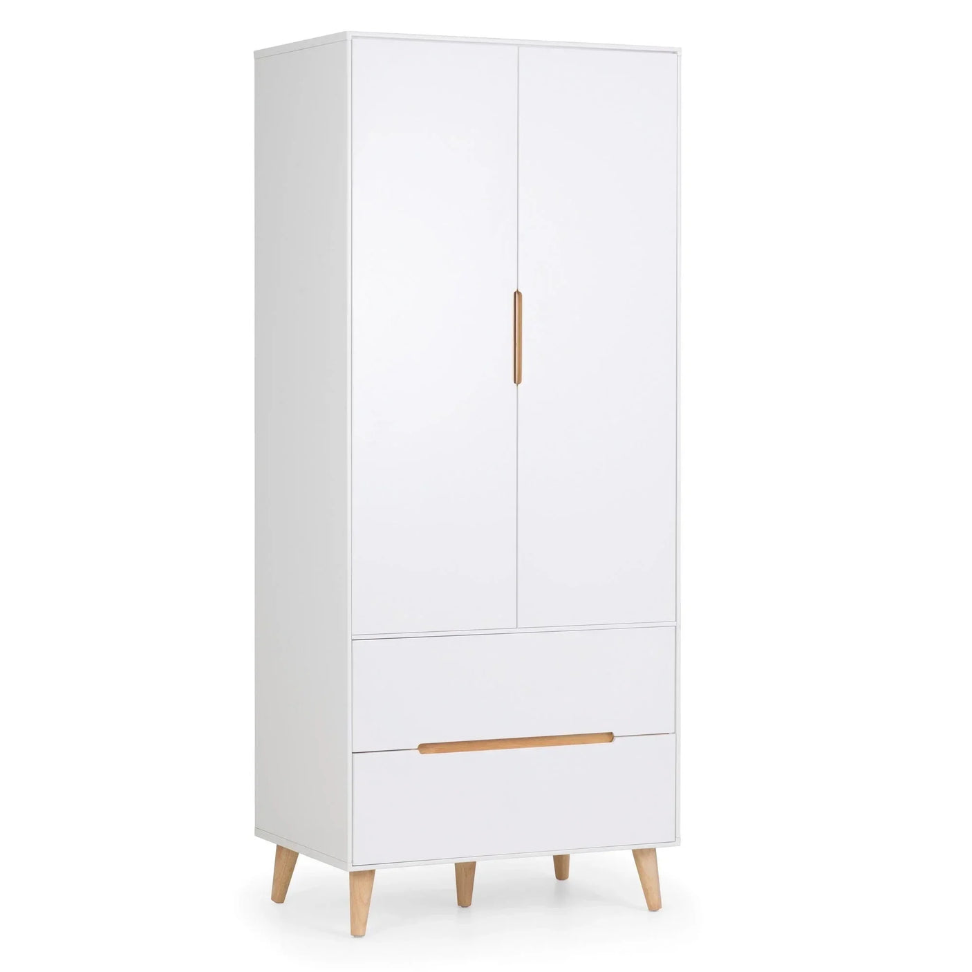 White 2 door wardrobe with wooden handles and tapered legs, front angle view
