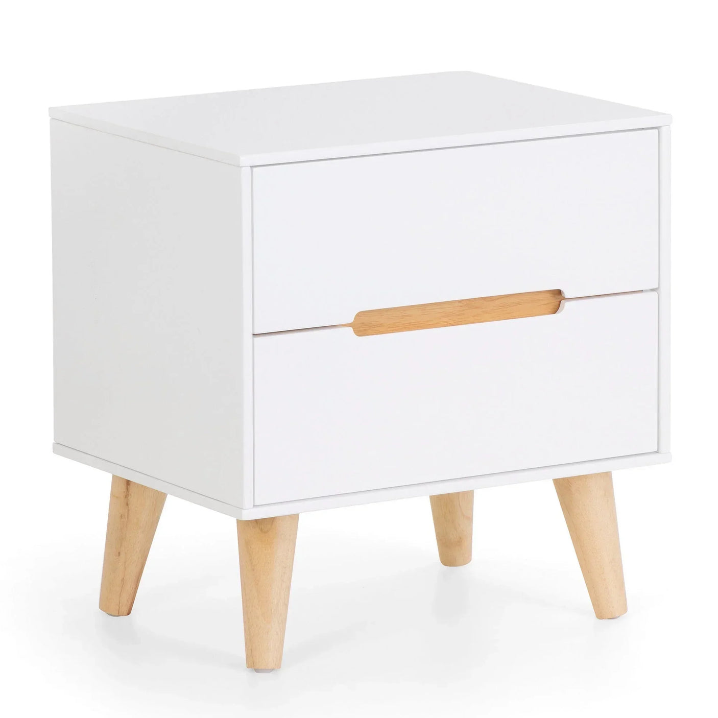 white 2 drawer bedside table with wooden legs and natural wood handle front view