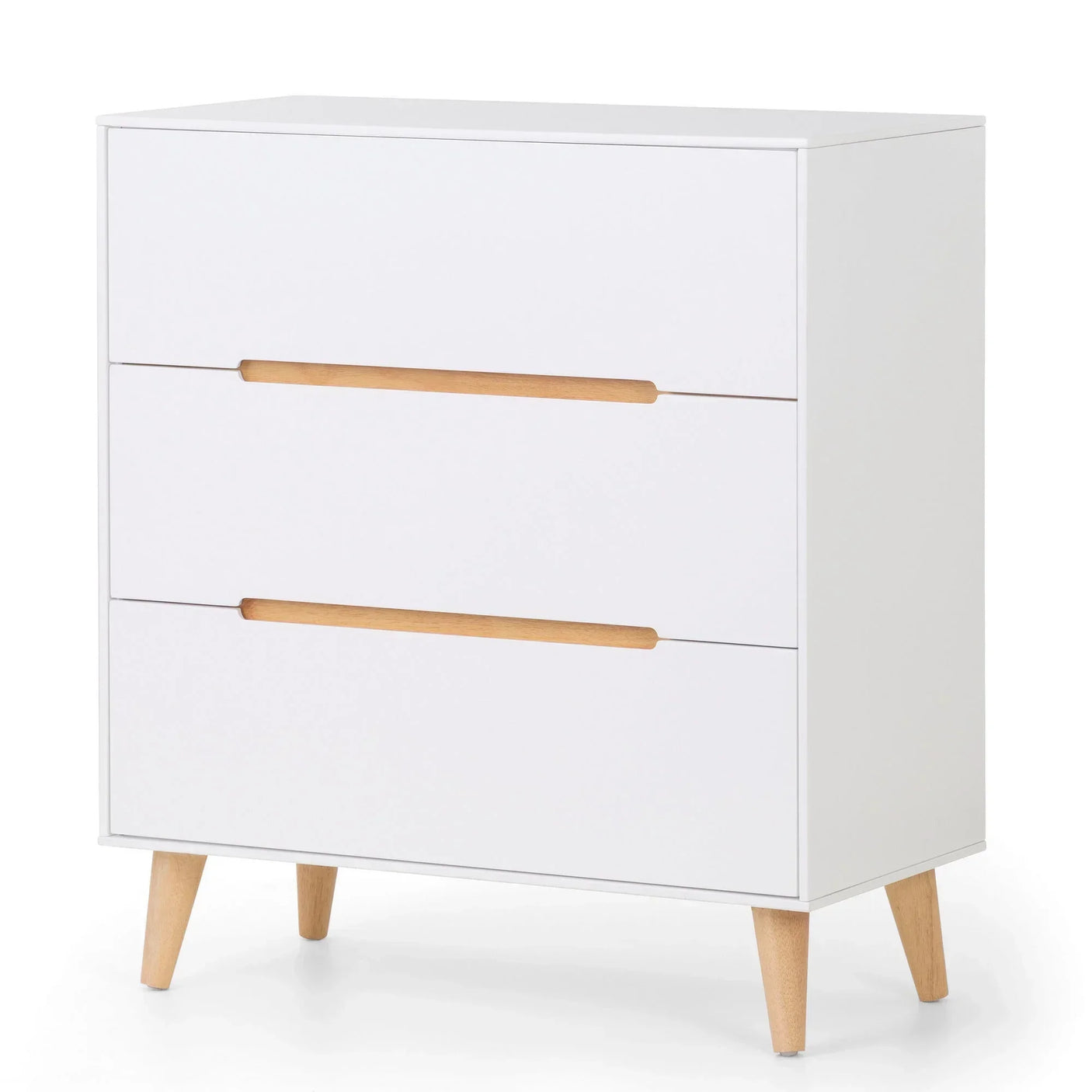 White three drawer chest with wood legs and recessed handles, angled front view
