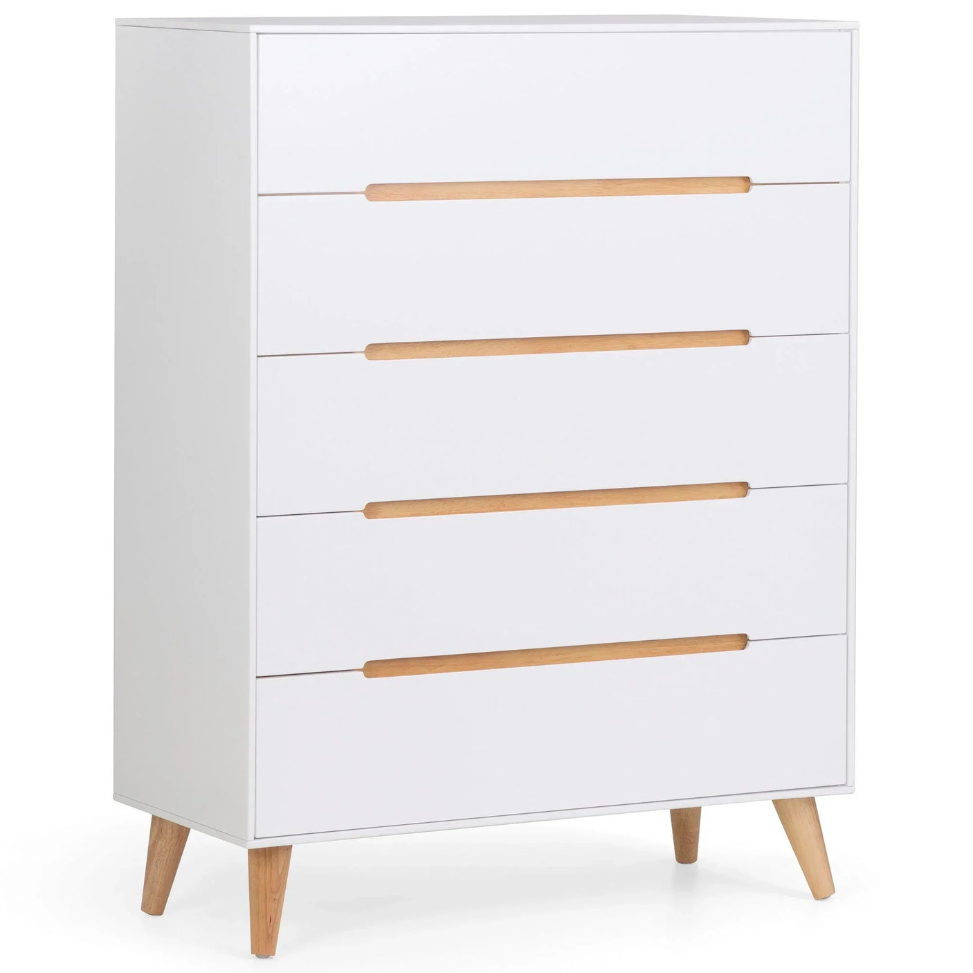 White five drawer chest with wooden legs and handles, angled front view