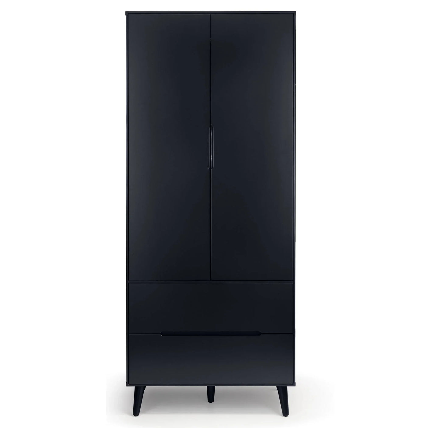 Anthracite 2 door wardrobe with two drawers, sleek handles, and angled legs, front view