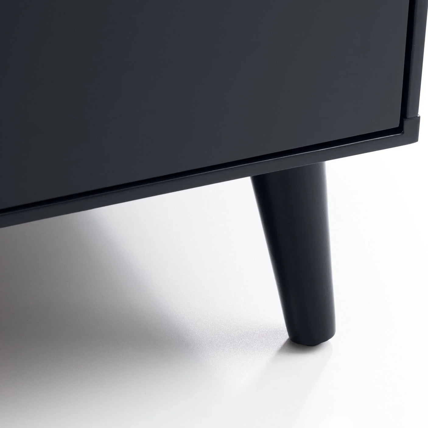 Anthracite 2 door wardrobe leg detail with matte black angled wooden leg on white floor