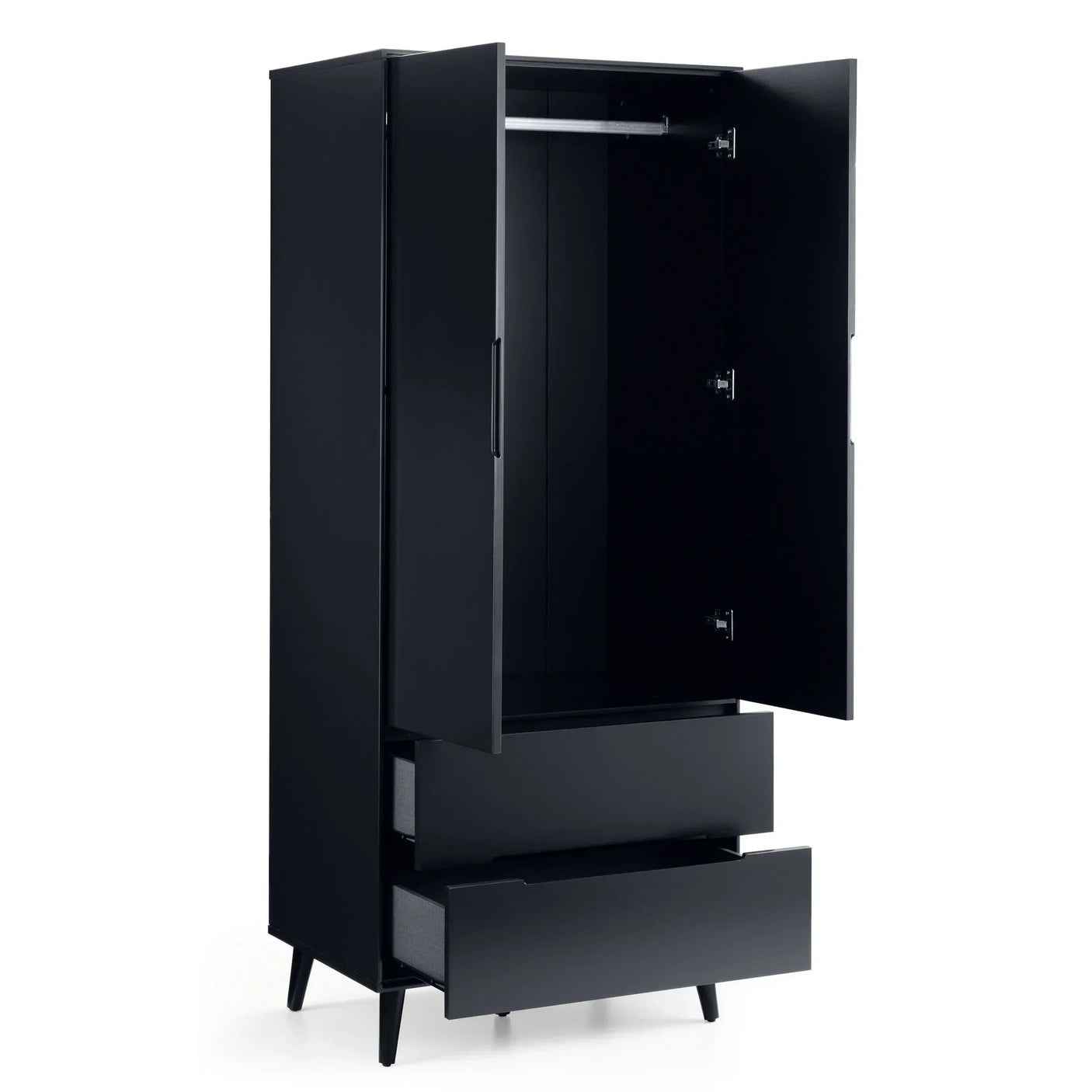 Anthracite 2 door wardrobe with hanging rail and two open drawers, shown front view