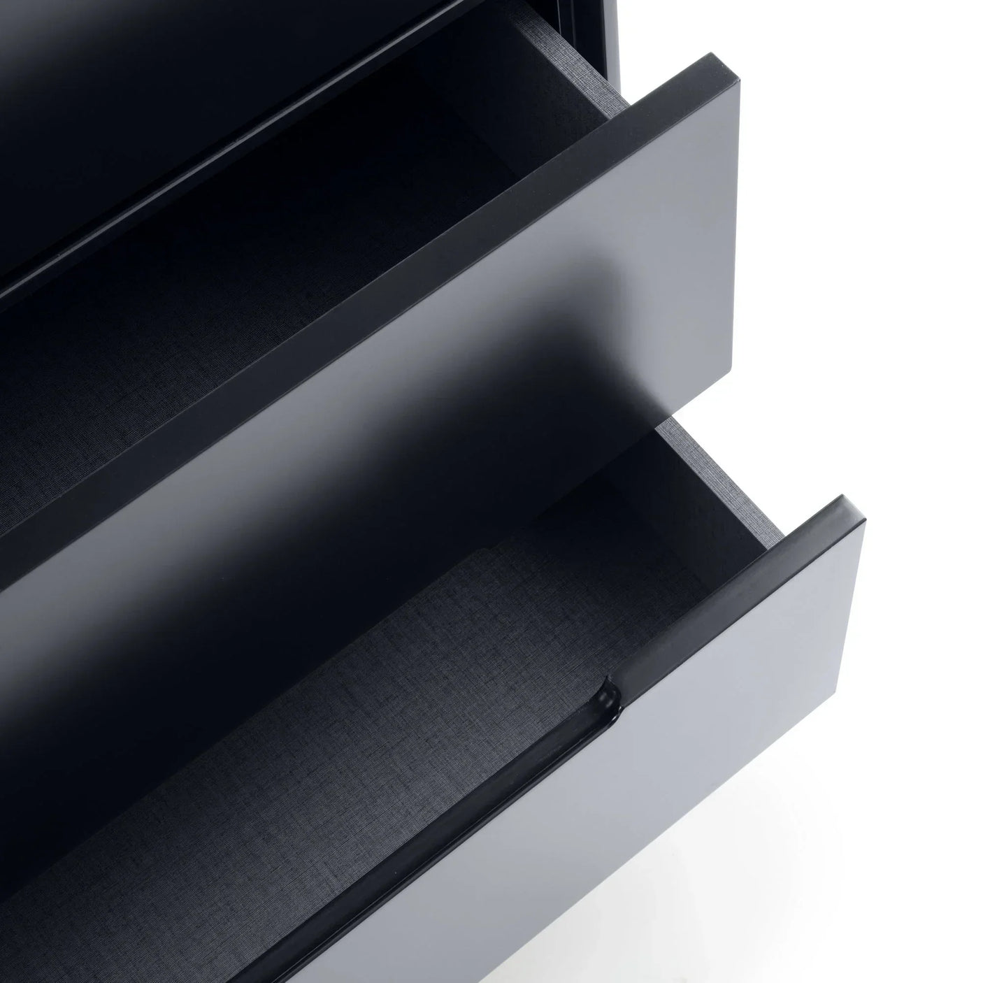 Open anthracite wardrobe drawers with modern sleek finish and textured drawer base