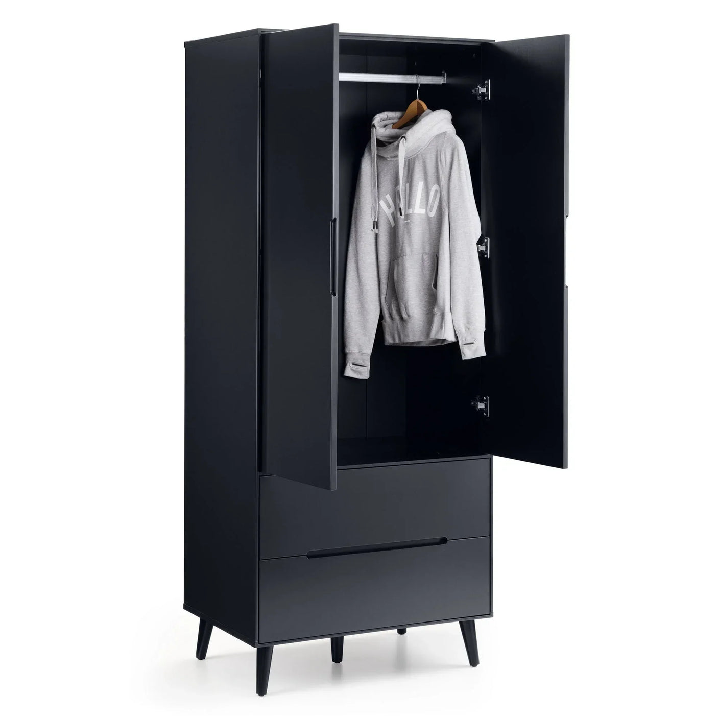 Anthracite 2 door wardrobe open with hanging rail, grey hoodie, and two lower drawers