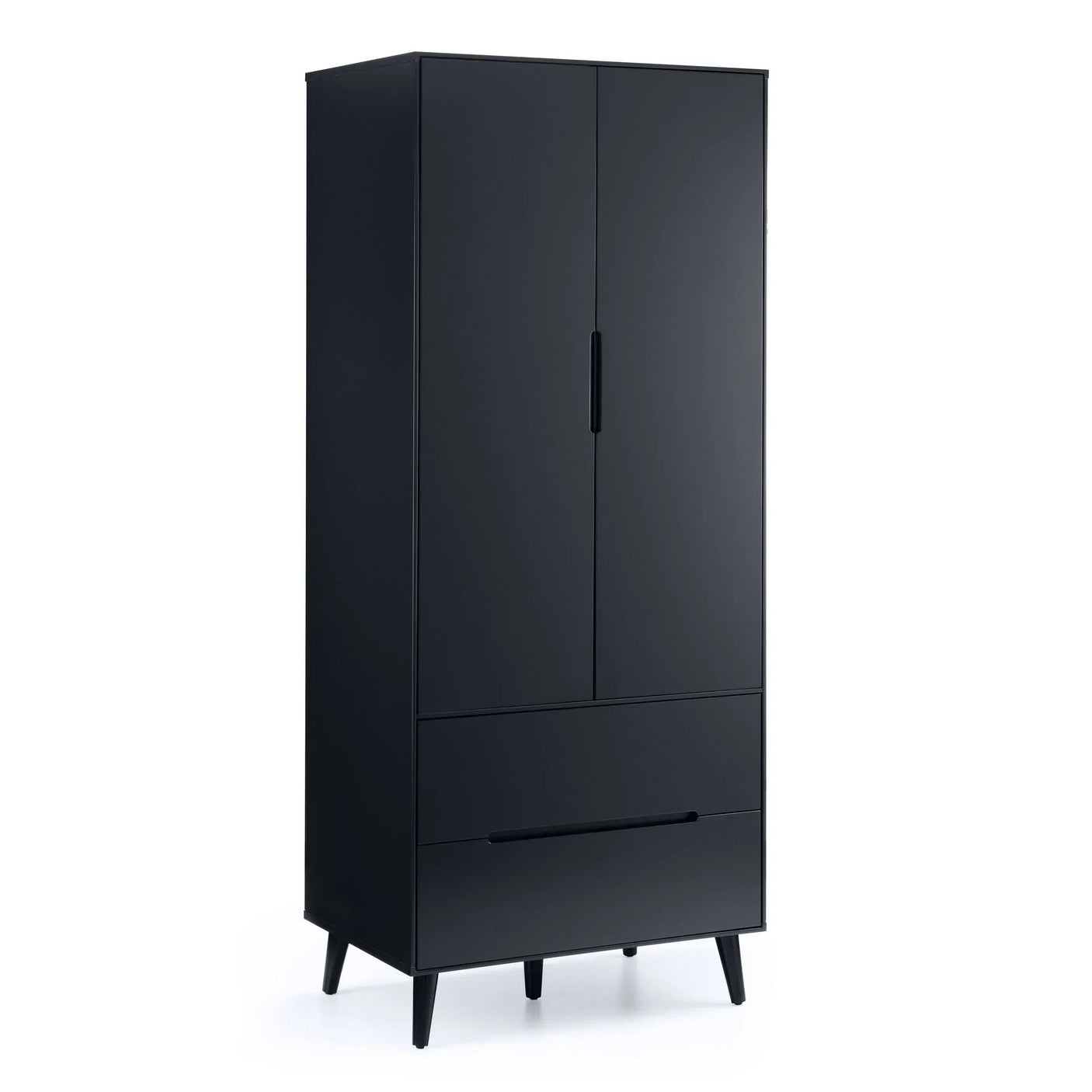 Anthracite 2 door wardrobe with two drawers and slim handles, angled view