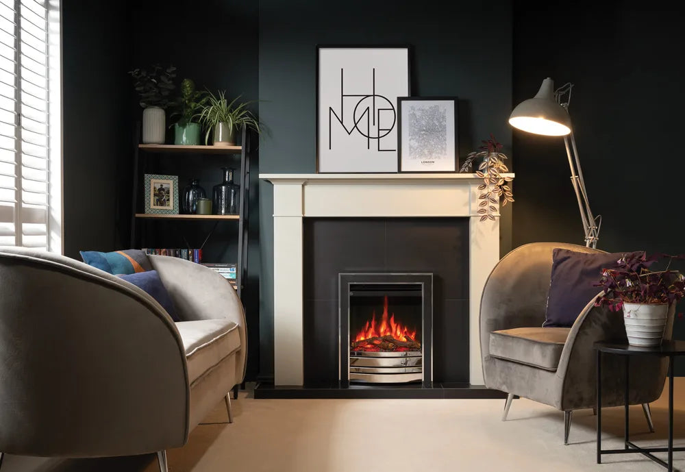 Amara electric fire installed in a modern living room with stylish furniture and decor.