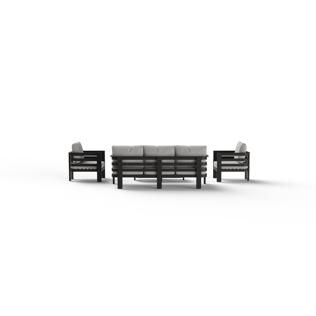 Black wooden frame with light grey fabric cushions on two armchairs and one sofa set