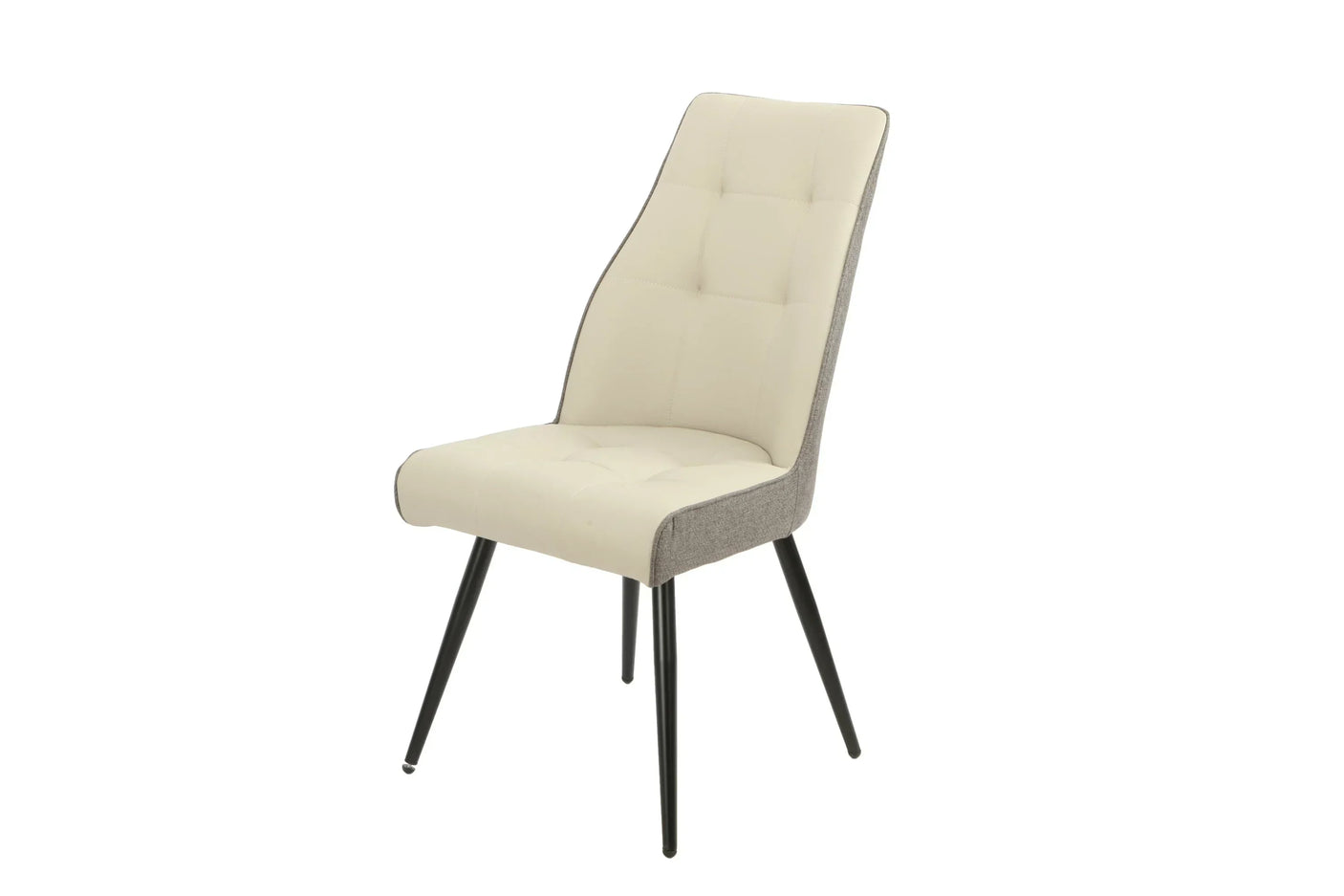 Taupe dining chair with upholstered seat, high backrest and black angled metal legs