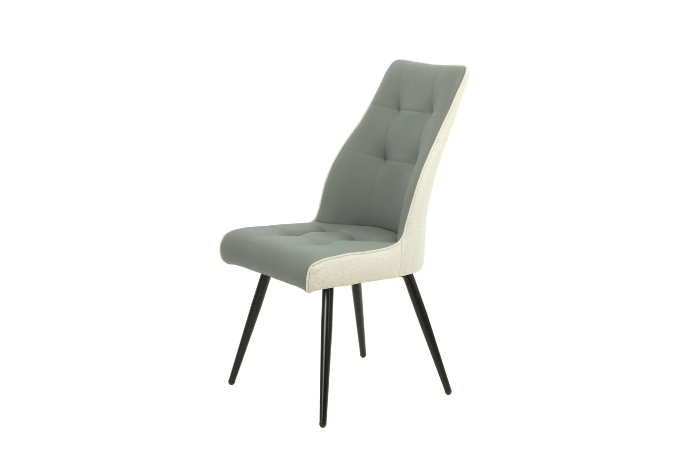 Grey upholstered dining chair with tufted seat, high backrest and black metal legs