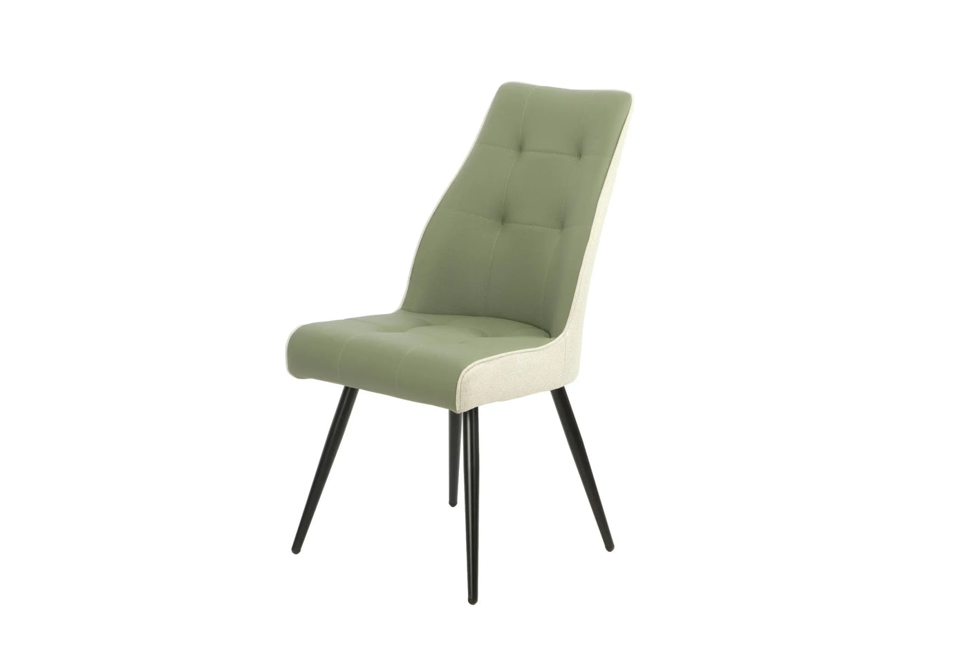Sage green dining chair with black metal legs and upholstered seat