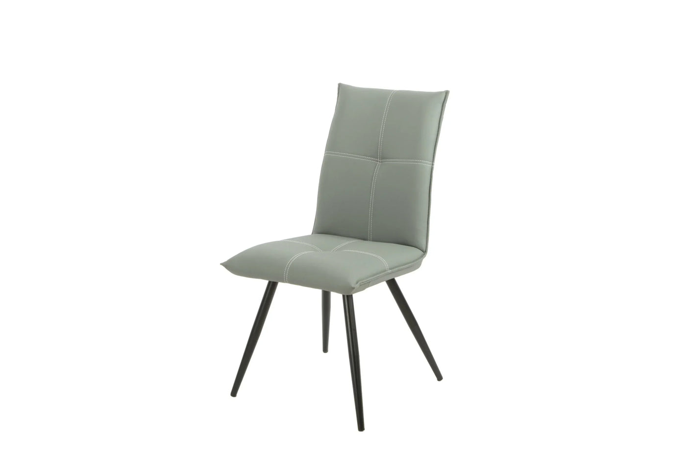 Grey upholstered dining chair with black metal legs and contrast stitching, side angle view