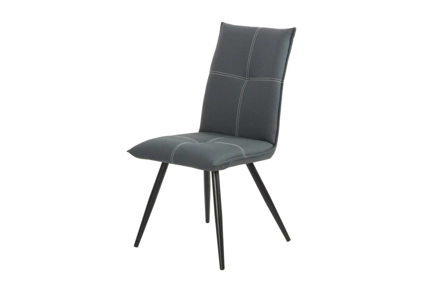 Midnight blue dining chair with padded seat, white stitching, and black metal legs