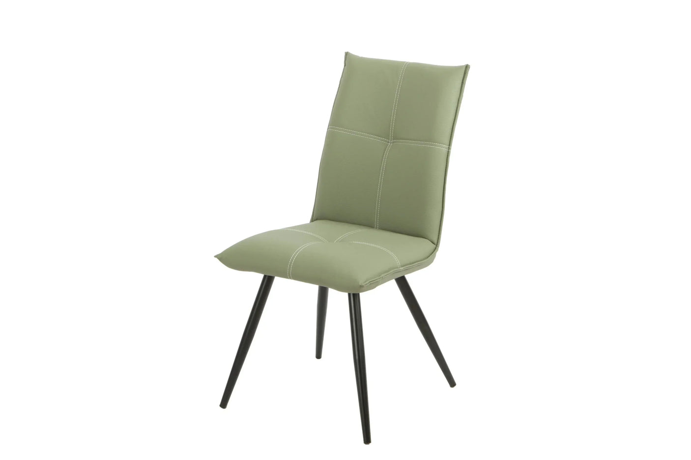 Sage green dining chair with cushioned seat, metal legs, and white stitching detail