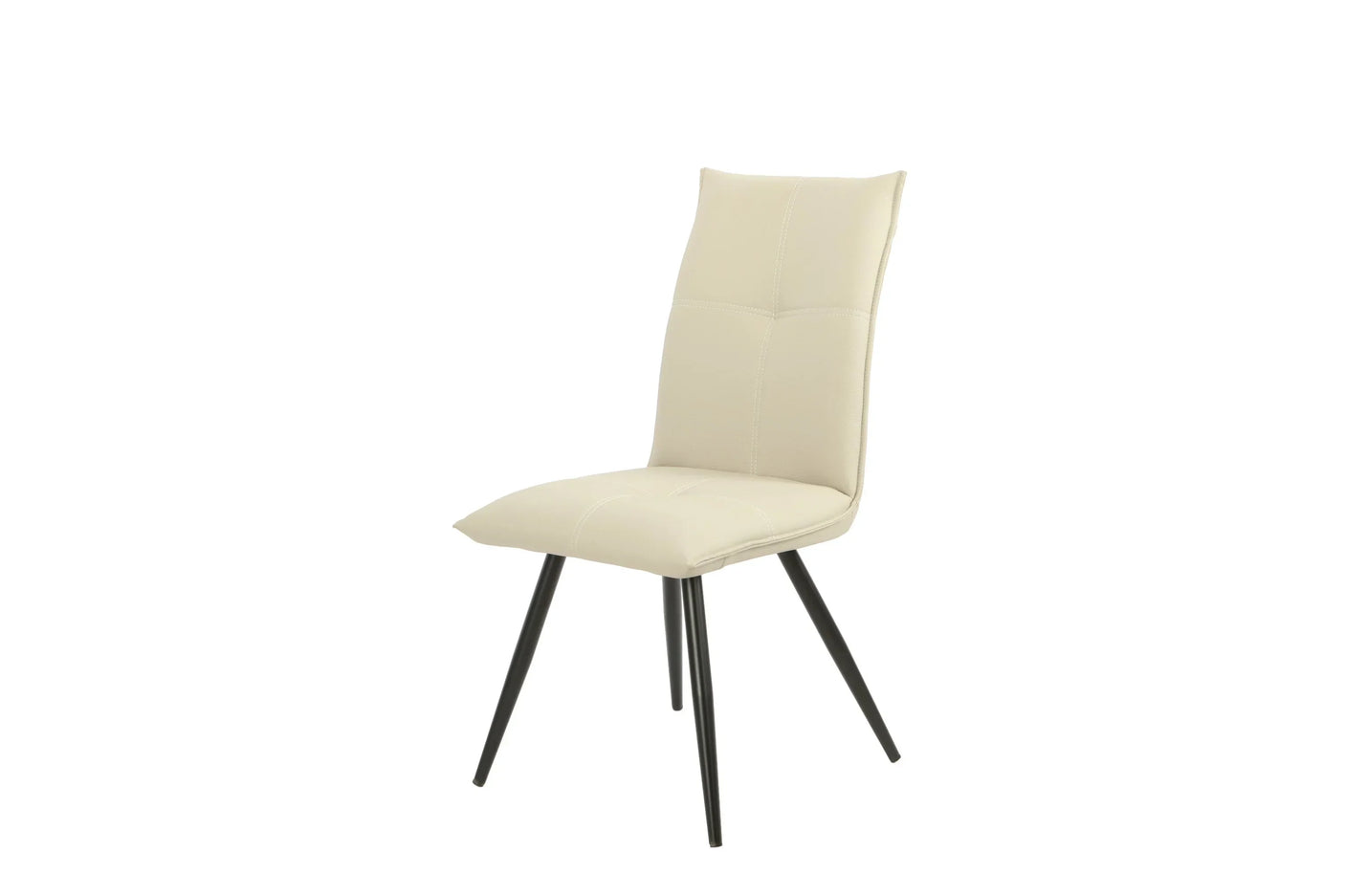 Taupe dining chair with padded seat, high backrest and angled black metal legs