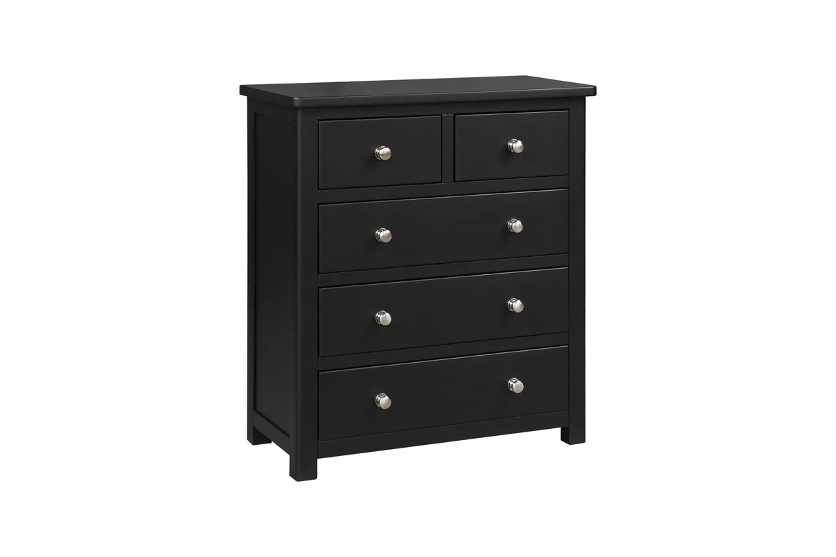 Black chest of drawers with two small top drawers and three large drawers, silver handles