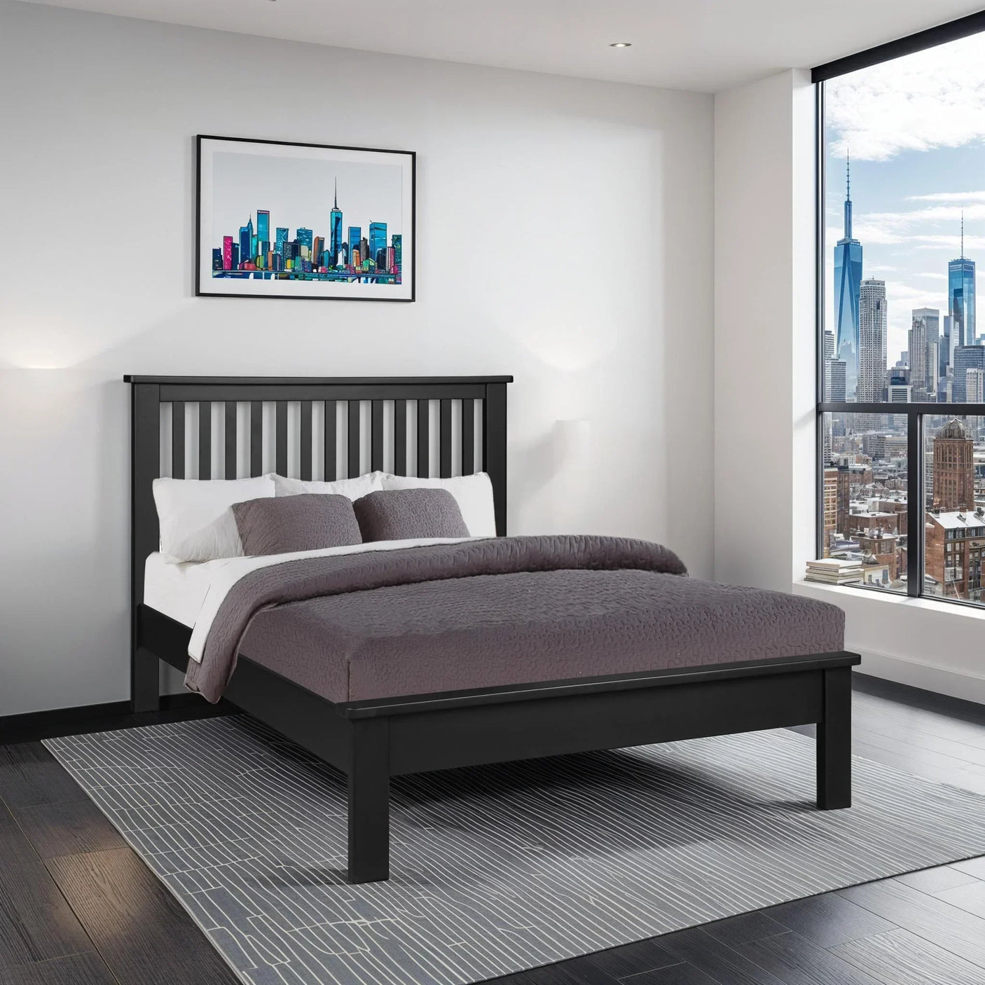 Black wooden bed frame with slatted headboard in modern bedroom, city view window