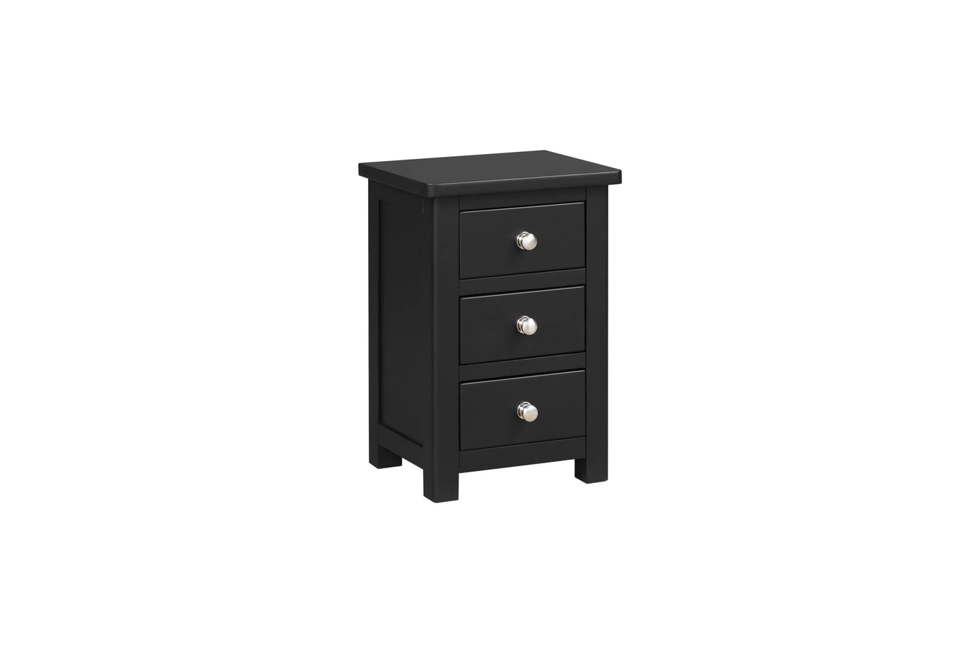 Black three drawer bedside locker with silver handles on white background