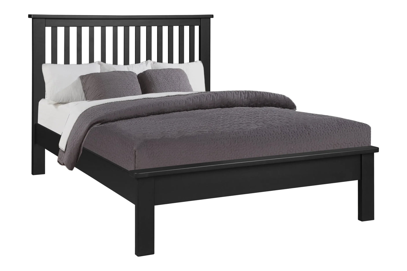 Black wooden double bed with slatted headboard and grey bedding viewed from the front