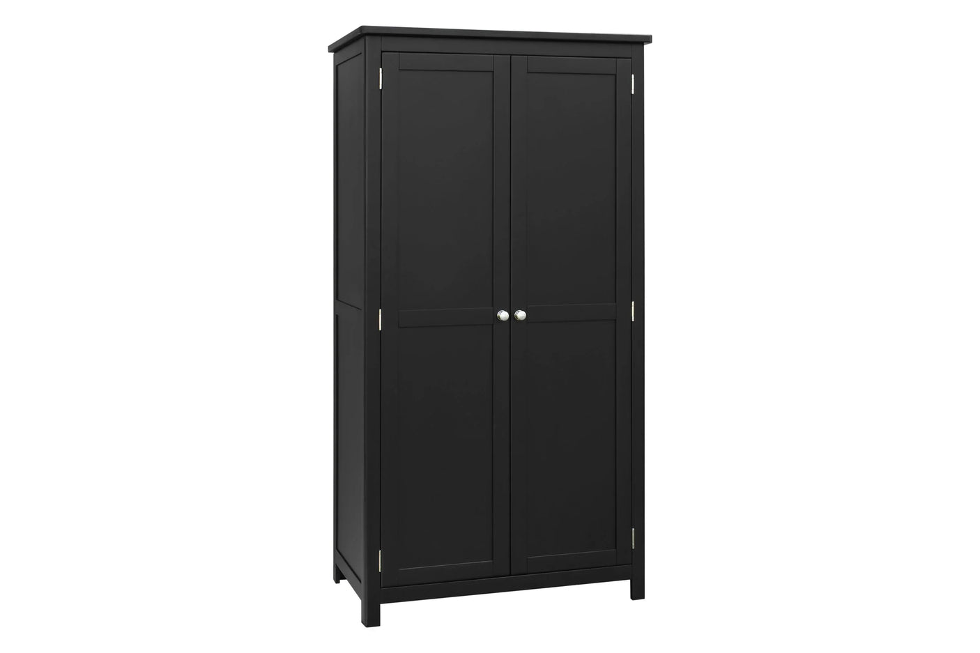 Black double wardrobe with two paneled doors and silver handles front view