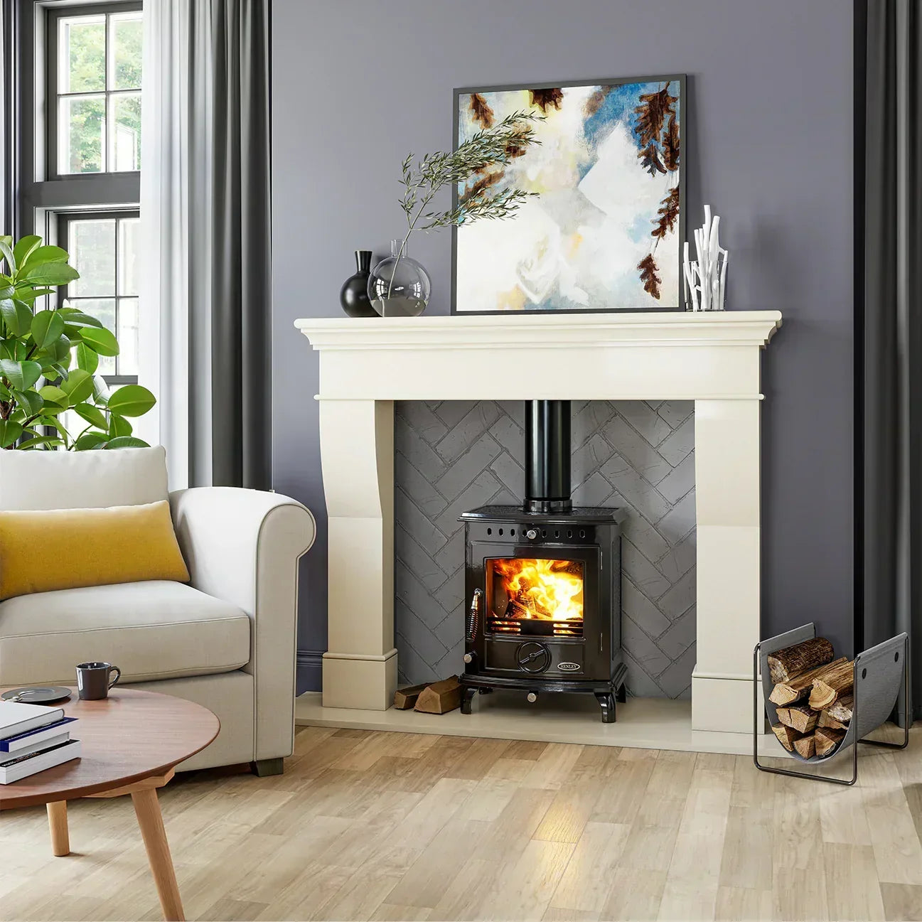 Eco enamel black wood burning stove in modern living room fireplace with log storage