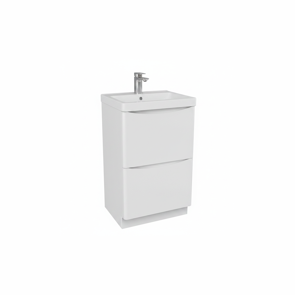 Gloss white floor standing bathroom vanity unit with two drawer storage and modern finish | Home Centre Direct UK