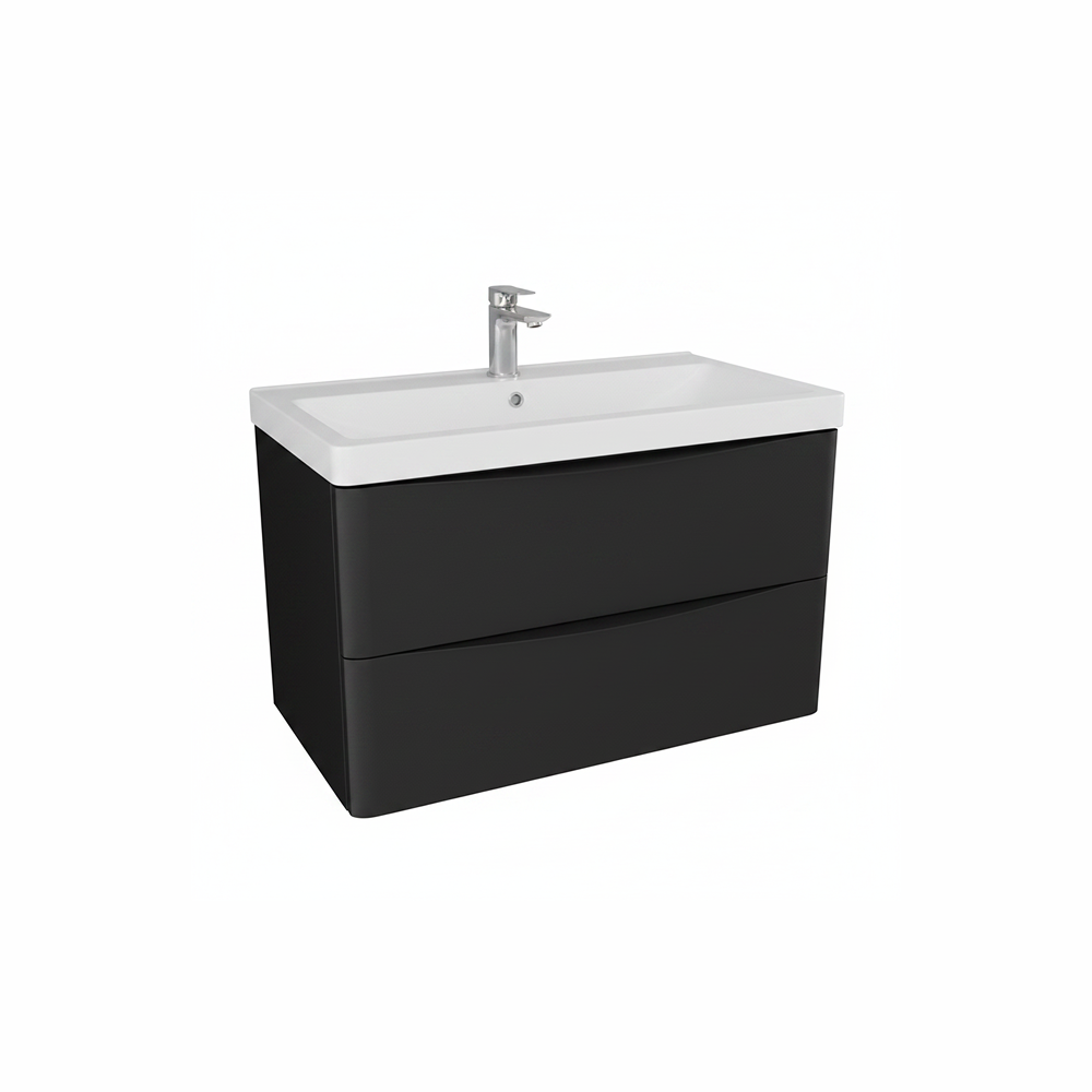 Matt black wall hung bathroom vanity unit with two drawer storage and modern design | Home Centre Direct UK