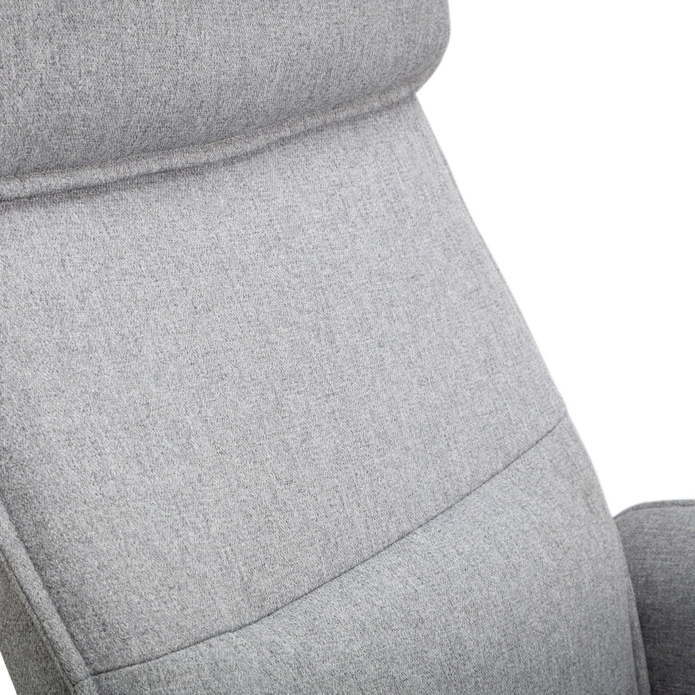 Light grey fabric recliner backrest detail with visible stitching and soft upholstery