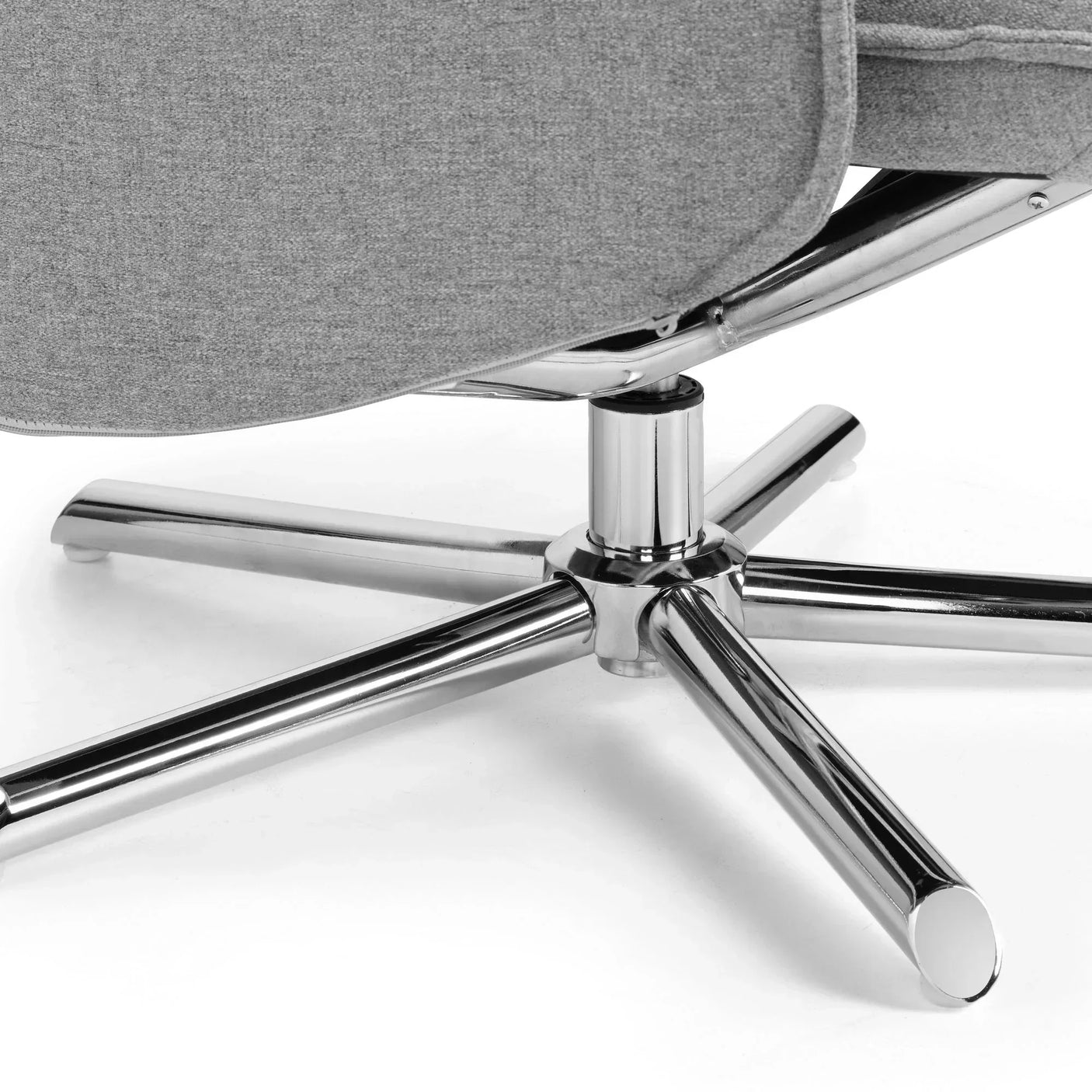 Grey recliner chair with chrome swivel base and detailed leg close-up